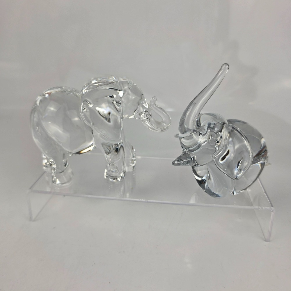 Set of 2 Clear Glass Elephant Figurines Trunk Up Good Luck Art Glass Decor